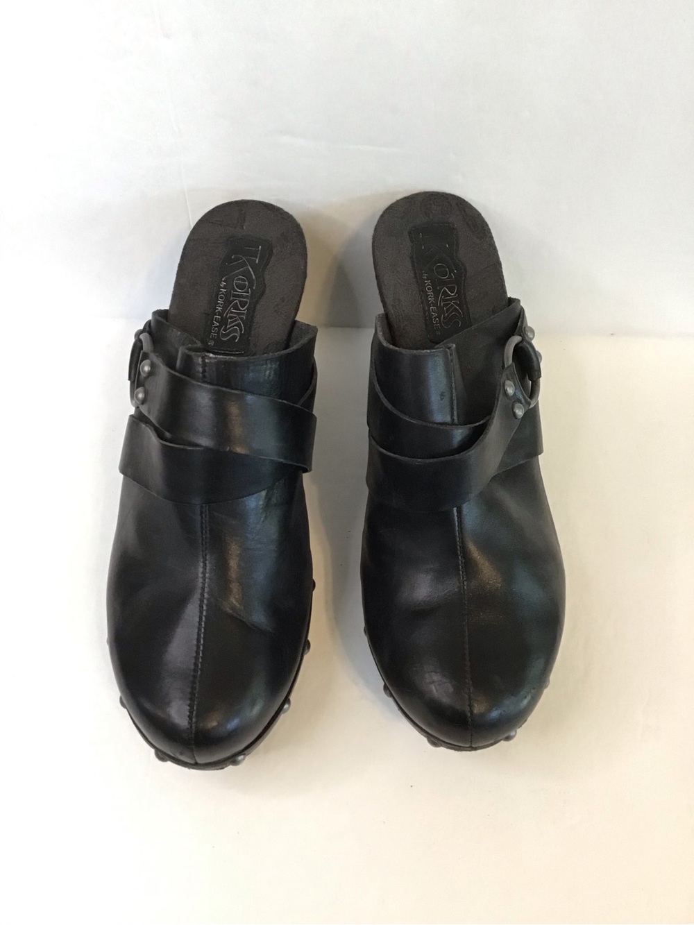 KORKS Women's Black Leather Nailhead Studded Clog Mules with Ring Detail 8/39 - Picture 4 of 10